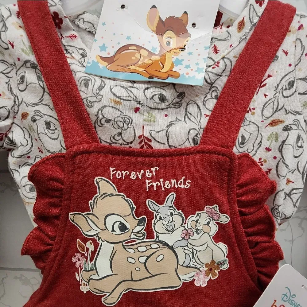 Nwt Disney Bambi Baby Girls Pinafore Dress, Top withLong Sleeves and Tights Set
